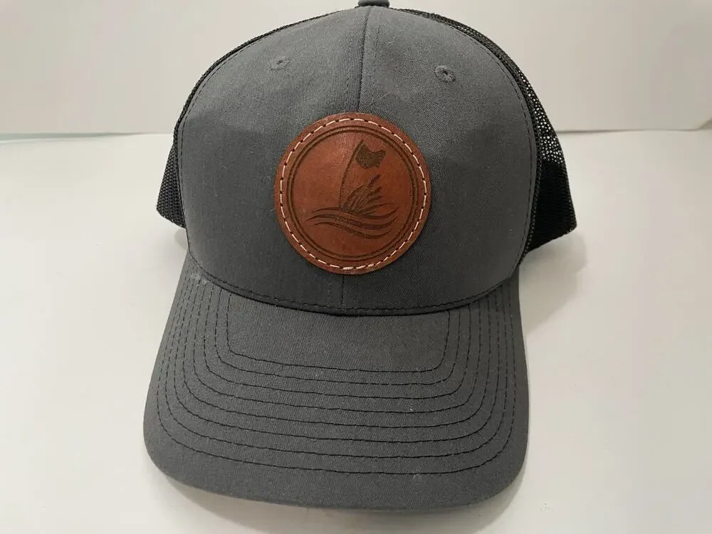 Richardson 112 Trucker Hat Golf Flag Leather Patch Gray Black SnapBack Cap